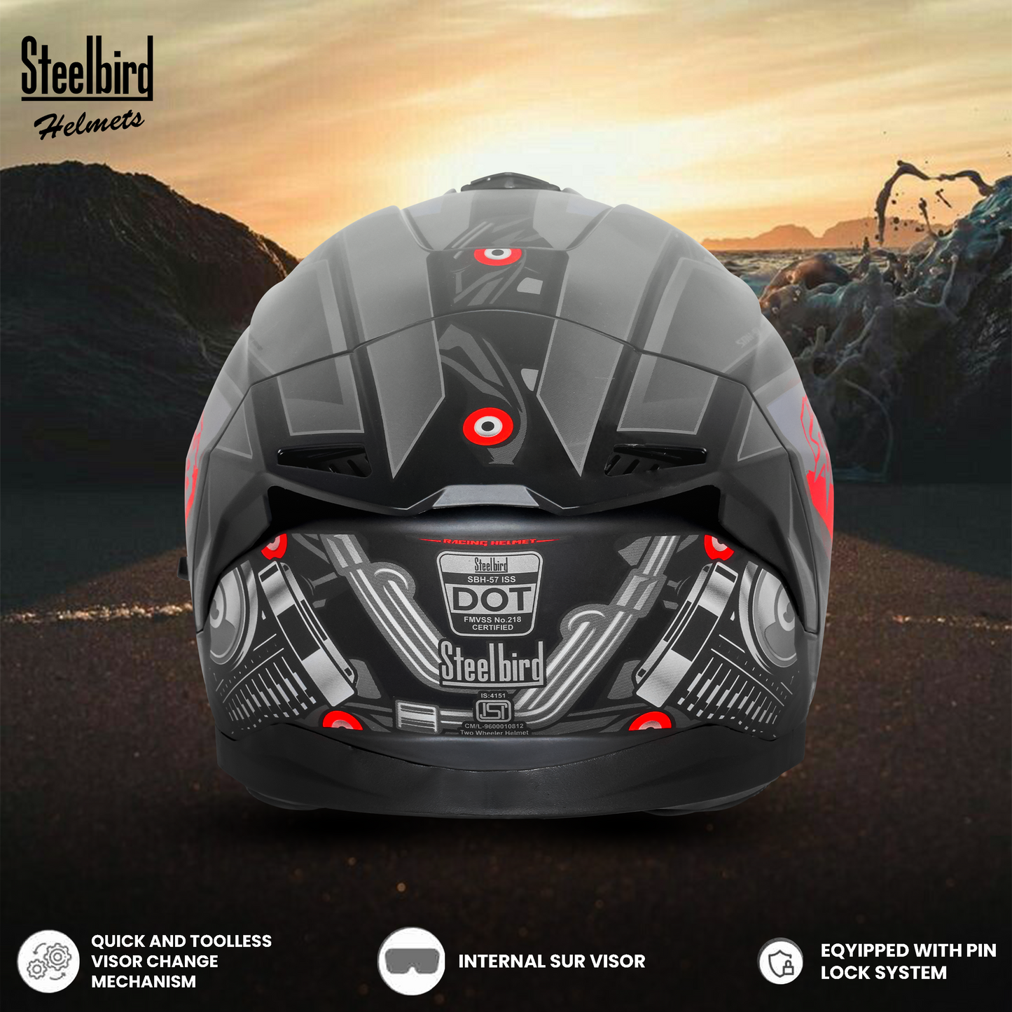 Steelbird SBH-57 Fighter F8 ISI and DOT Certified Full Face Graphic Helmet for Men and Women with Inner Silver Sun Shield (Glossy Black Grey)