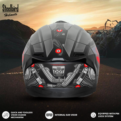 Steelbird SBH-57 Fighter F8 ISI and DOT Certified Full Face Graphic Helmet for Men and Women with Inner Silver Sun Shield (Glossy Black Grey)