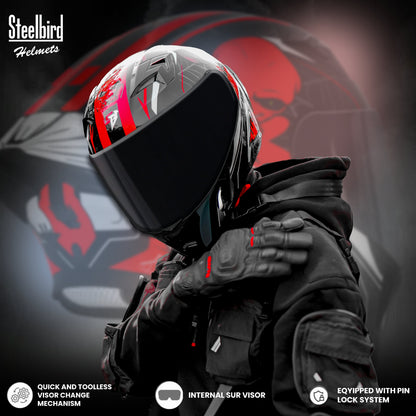 Steelbird SBA-20 Strange ISI Certified Flip-Up Graphic Helmet for Men and Women (Glossy Black Red with Smoke Visor)