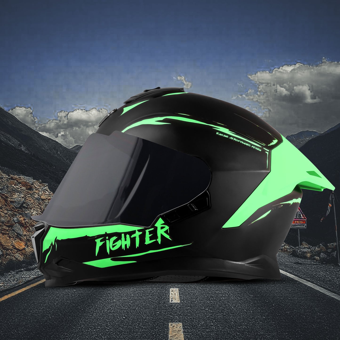 Steelbird SBH-57 Fighter F2 ISI and DOT Certified Full Face Helmet for Men and Women With Inner Silver Sun Shield (Glossy Black Green)