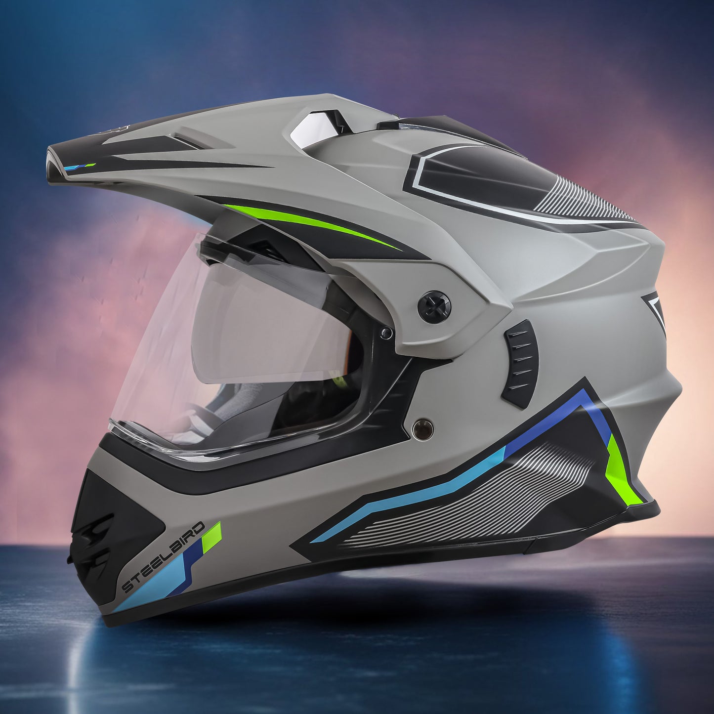 Steelbird Racer Off Road ISI Certified Motocross Double Visor Full Face Graphic Helmet Outer Clear Visor and Inner Silver Sun Shield (Glossy Grey Green)