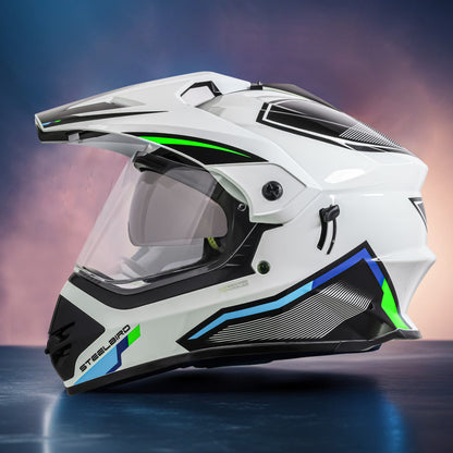 Steelbird Racer Off Road ISI Certified Motocross Double Visor Full Face Graphic Helmet Outer Clear Visor and Inner Silver Sun Shield (Glossy White Green)