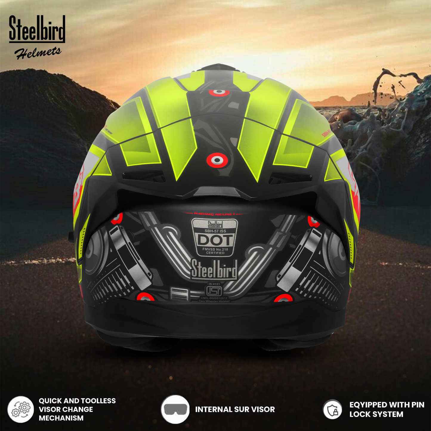 Steelbird SBH-57 Fighter F8 ISI and DOT Certified Full Face Graphic Helmet for Men and Women with Inner Silver Sun Shield (Glossy Black Neon)