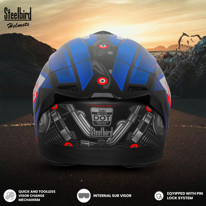 Steelbird SBH-57 Fighter F8 ISI and DOT Certified Full Face Graphic Helmet for Men and Women with Inner Silver Sun Shield (Glossy Black Blue)