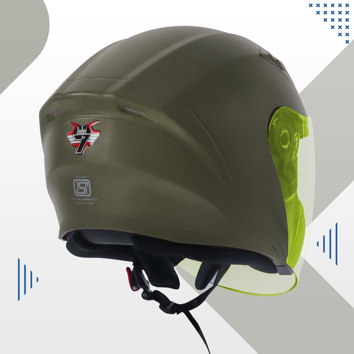 Steelbird SBA-17 7Wings ISI Certified Open Face Helmet for Men and Women with Inner Smoke Sun Shield (Dashing Battle Green with Tinted Yellow Visor)