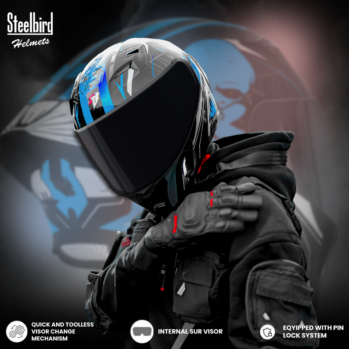 Steelbird SBA-20 Strange ISI Certified Flip-Up Graphic Helmet for Men and Women with Inner Silver Sun Shield (Glossy Black Jazz Blue with Smoke Visor)