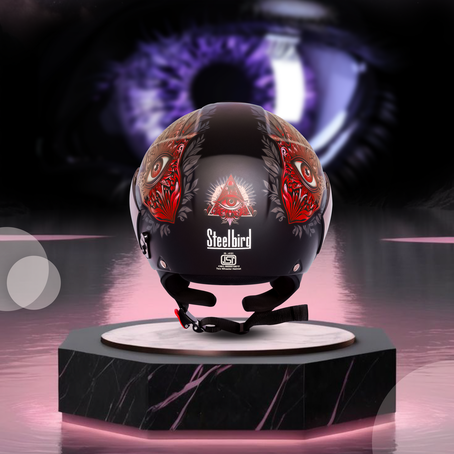 SBH-5 Hamsa Eye Graphic Helmet ISI Certified Open Face Helmet for Women (Glossy Black Red)