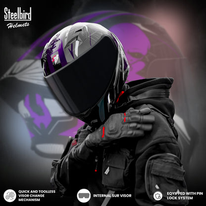 Steelbird SBA-20 Strange ISI Certified Flip-Up Graphic Helmet for Men and Women (Glossy Black Purple with Smoke Visor)