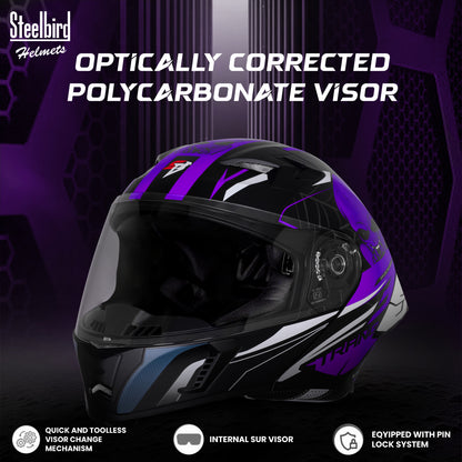 Steelbird SBA-20 Strange ISI Certified Flip-Up Graphic Helmet for Men and Women (Glossy Black Purple)