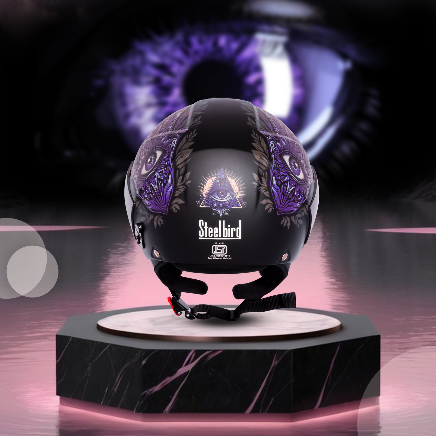 SBH-5 Hamsa Eye Graphic Helmet ISI Certified Open Face Helmet for Women (Glossy Black Pink)