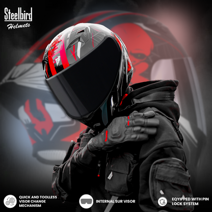 Steelbird SBA-20 Strange ISI Certified Flip-Up Graphic Helmet for Men and Women with Inner Silver Sun Shield (Glossy Fluo Neon Cyan Green with Smoke Visor)