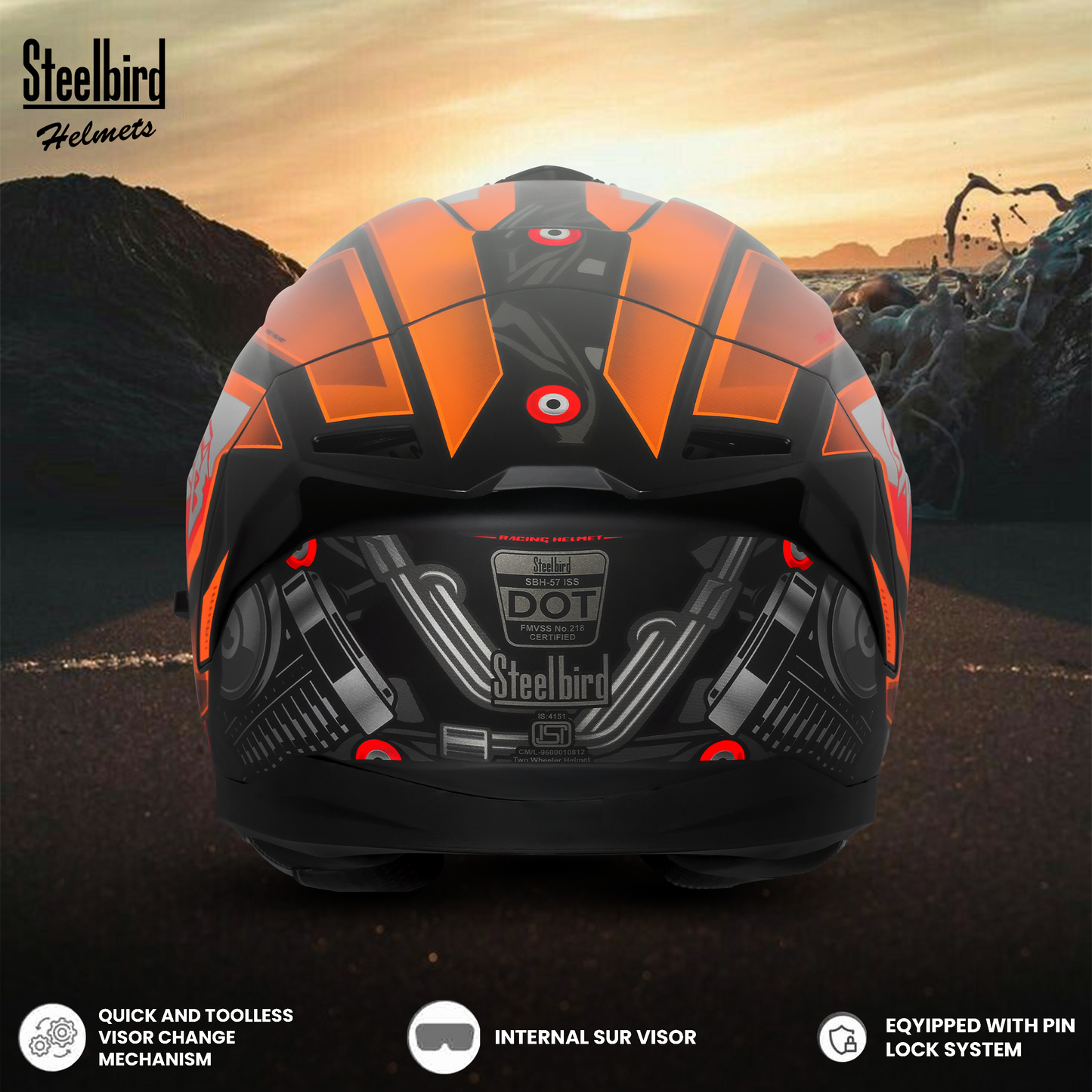 Steelbird SBH-57 Fighter F8 ISI and DOT Certified Full Face Graphic Helmet for Men and Women with Inner Silver Sun Shield (Glossy Black Orange)