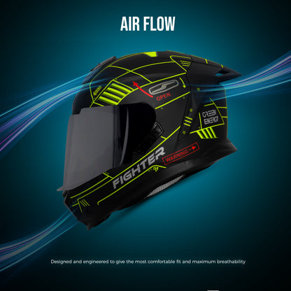 Steelbird SBH-57 Fighter F6 ISI and DOT Certified Full Face Graphic Helmet for Men and Women with Inner Silver Sun Shield (Glossy Black Neon)