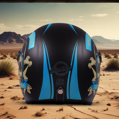 Steelbird SBH-55 Chopper Squad ISI Certified Open Face Helmet for Men and Women (Glossy Black Blue)