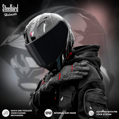 Steelbird SBA-20 Strange ISI Certified Flip-Up Graphic Helmet for Men and Women (Glossy Black Grey with Smoke Visor)