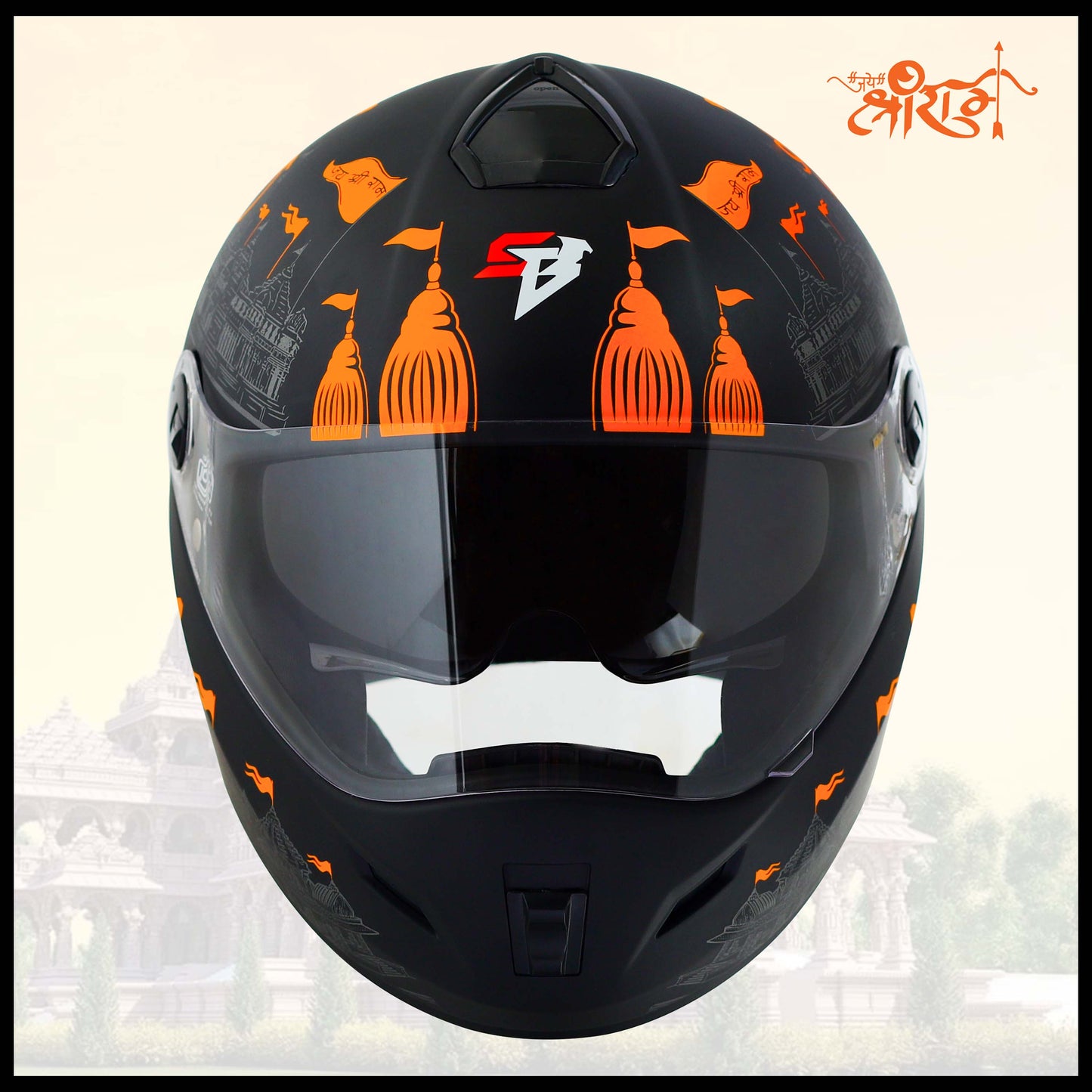 Steelbird SBH-34 Jai Shree Ram Reflective ISI Certified Full Face Graphic Helmet for Men and Women with Inner Smoke Sun Shield