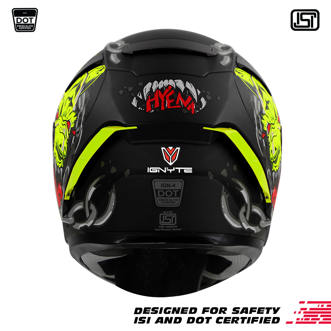 Ignyte IGN-4 Hyena ISI/DOT Certified Full Face Graphic Helmet with Outer Anti-Fog Clear Visor and Inner Smoke Sun Shield