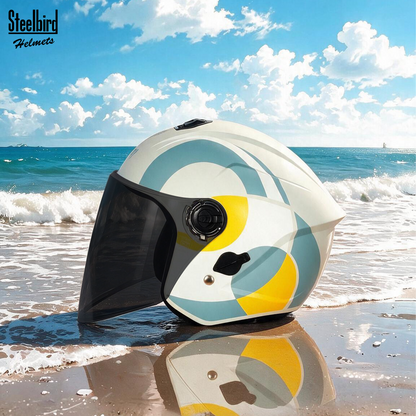 Steelbird SBH-80 Fairy FR4 ISI Certified Open Face Graphic Helmet for Women (Glossy Green Yellow with Smoke Visor)
