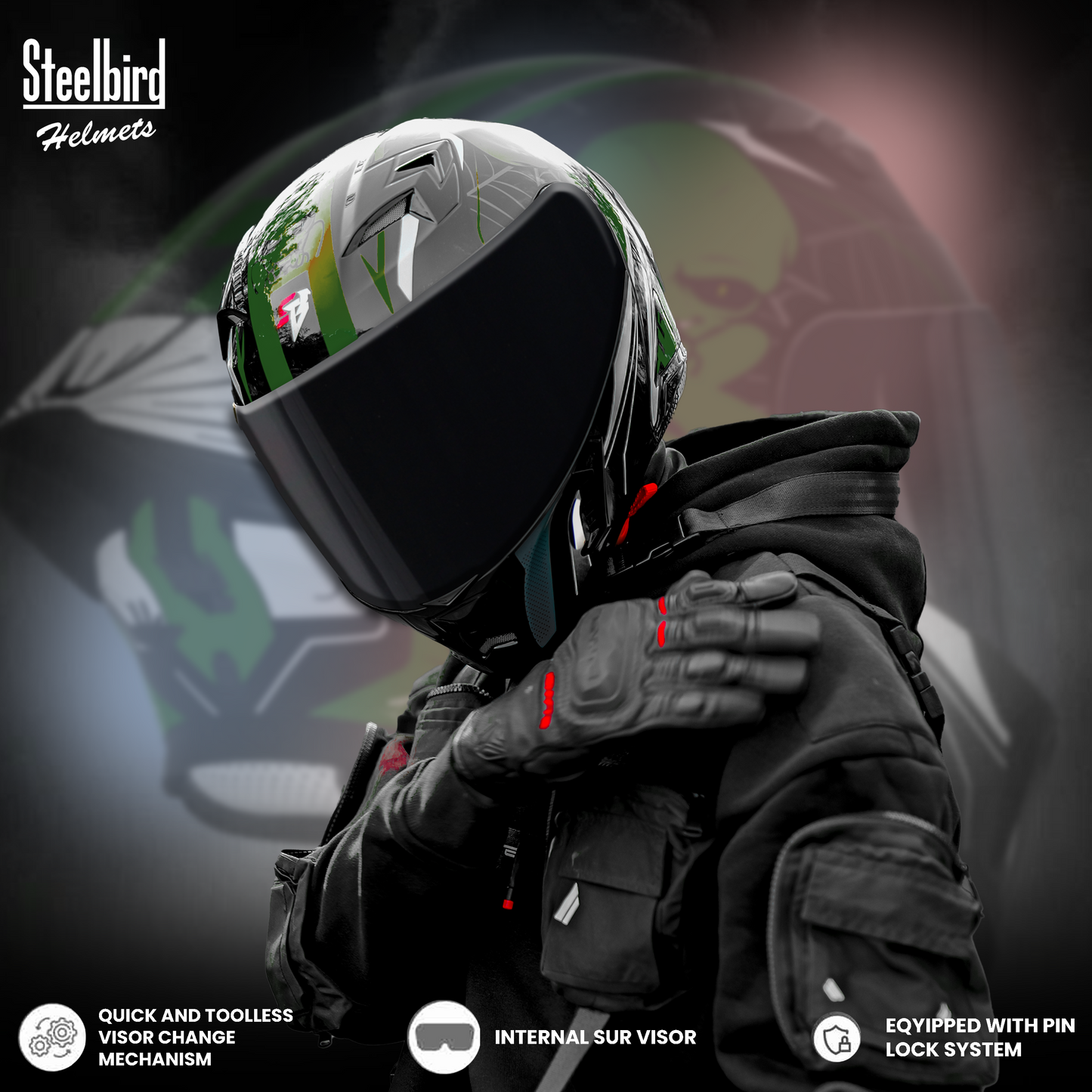 Steelbird SBA-20 Strange ISI Certified Flip-Up Graphic Helmet for Men and Women with Inner Silver Sun Shield (Glossy Black Battle Green with Smoke Visor)