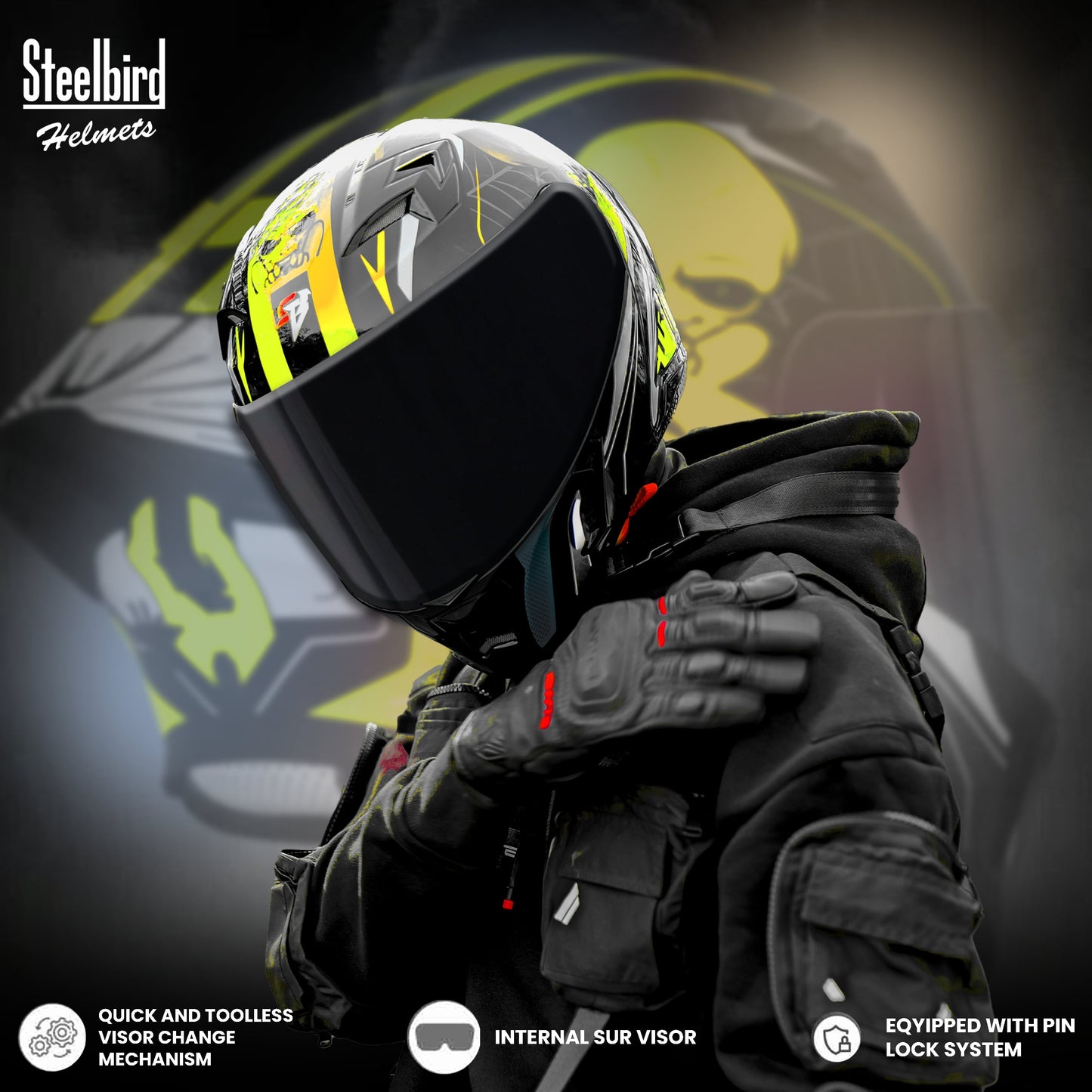 Steelbird SBA-20 Strange ISI Certified Flip-Up Graphic Helmet for Men and Women (Glossy Black Neon with Smoke Visor)