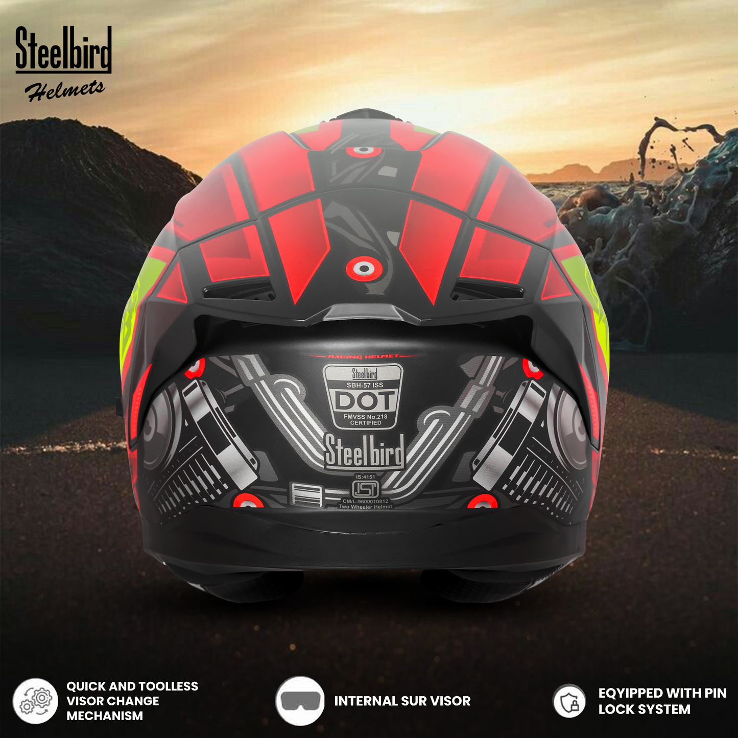 Steelbird SBH-57 Fighter F8 ISI and DOT Certified Full Face Graphic Helmet for Men and Women with Inner Silver Sun Shield (Glossy Black Red)