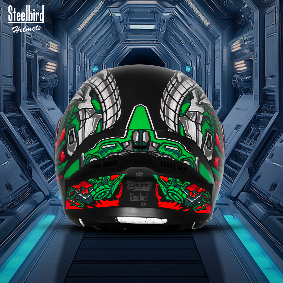 Steelbird SBA-20 ROBO ISI Certified Flip-Up Graphic Helmet for Men with Inner Sun Shield (Glossy Black Green with Smoke Visor)
