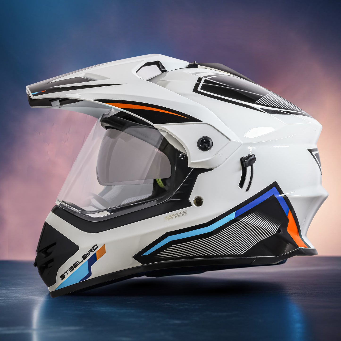 Steelbird Racer Off Road ISI Certified Motocross Double Visor Full Face Graphic Helmet Outer Clear Visor and Inner Silver Sun Shield (Glossy White Orange)
