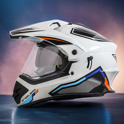 Steelbird Racer Off Road ISI Certified Motocross Double Visor Full Face Graphic Helmet Outer Clear Visor and Inner Silver Sun Shield (Glossy White Orange)