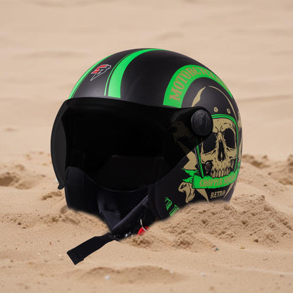 Steelbird SBH-54 Chopper Squad ISI Certified Open Face Helmet for Men and Women (Glossy Black Green)