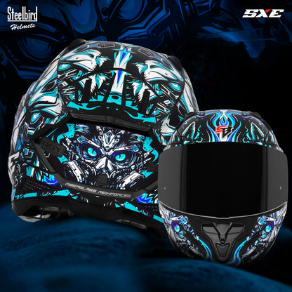 Steelbird SBH-61 SXE X1 Pinlock ISI and Dot Certified Full Face Helmet for Men with Inner Silver Sunshield (Glossy Black Sky Blue with Smoke Visor)