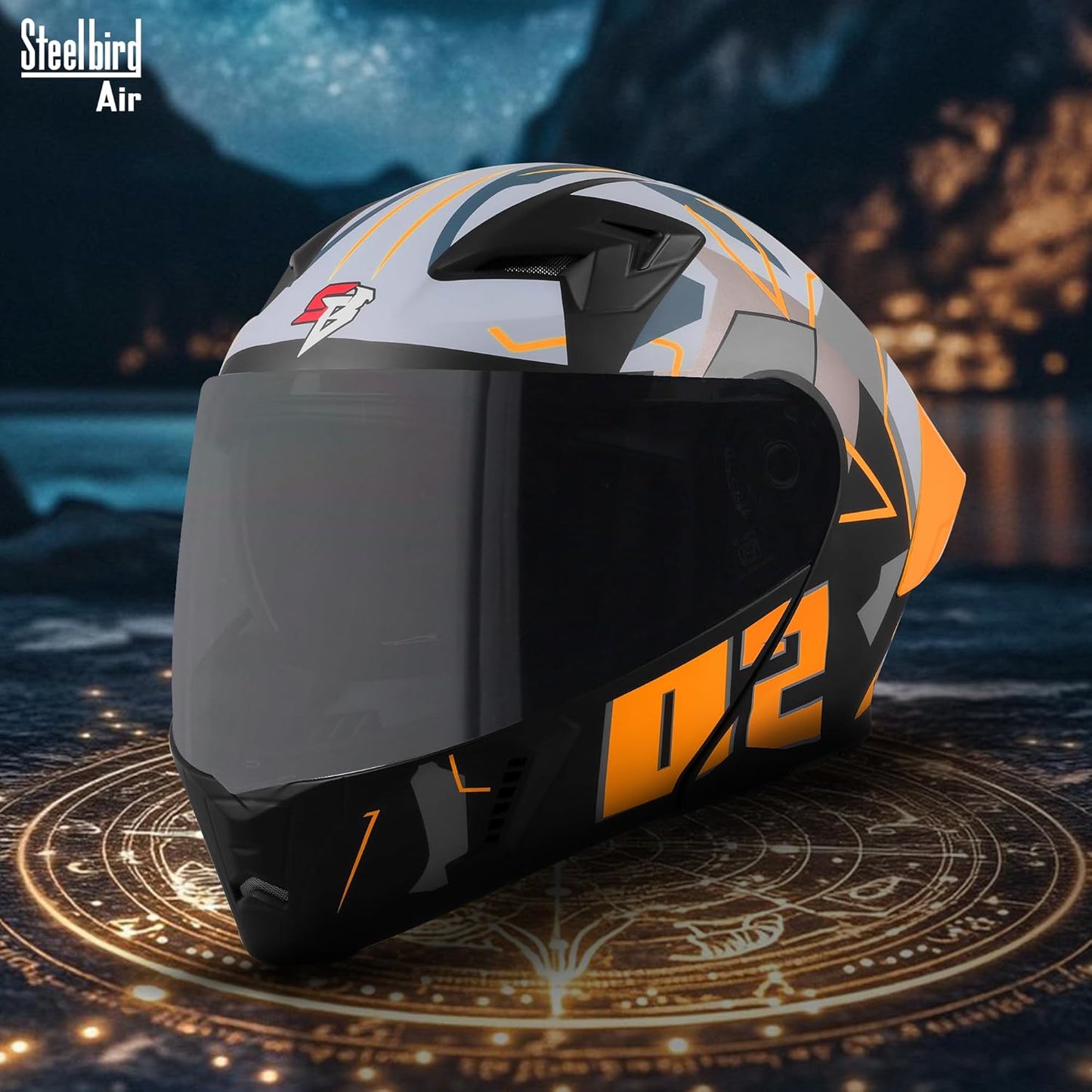 Steelbird SBA-20 02 ISI Certified Flip-Up Graphic Helmet for Men with Inner Chrome Sun Shield (Glossy Black Orange)