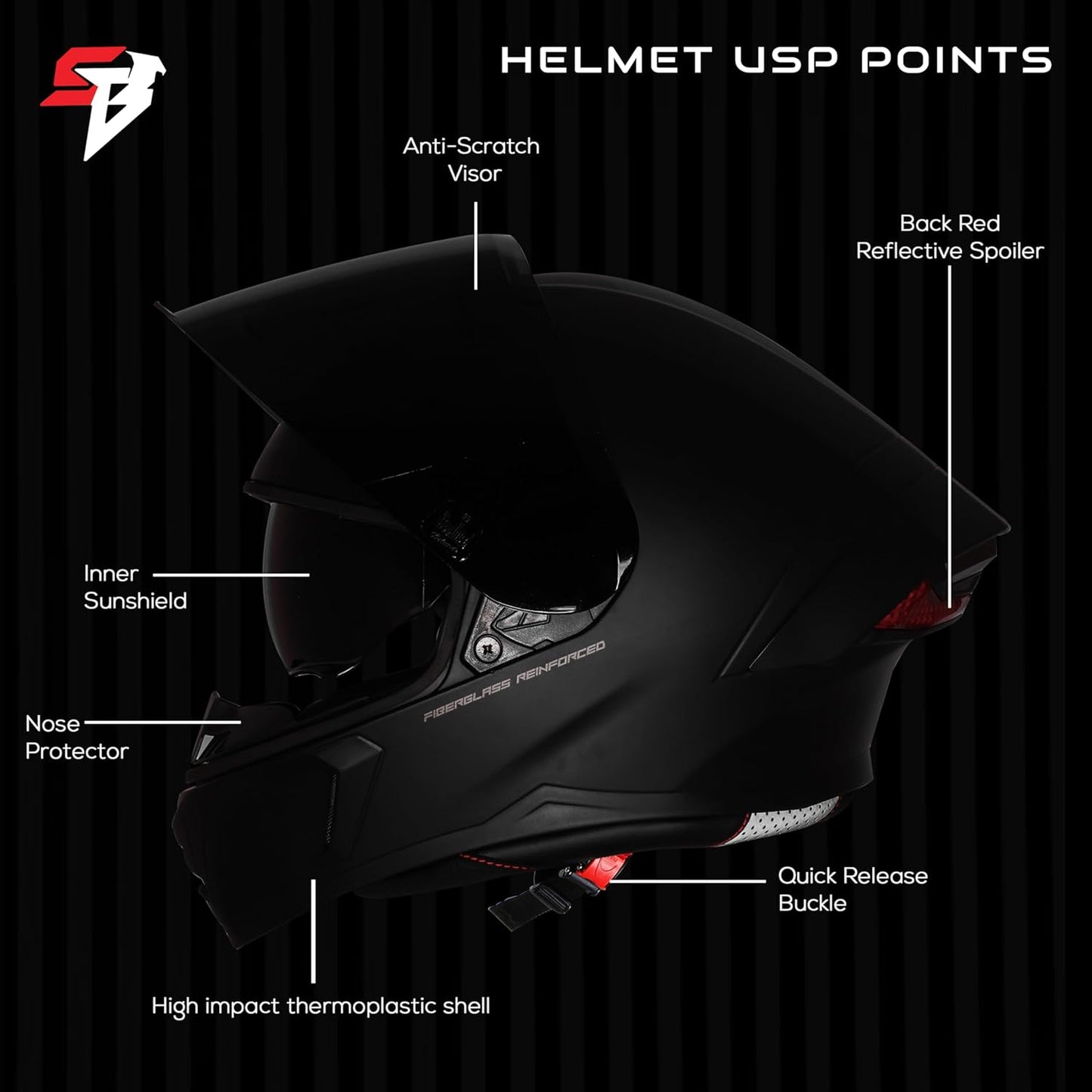 Steelbird SBA-11 Tornado ISI and DOT Certified Full Face Helmet for Men and Women with Inner Silver Sun Shield (Glossy Black with Smoke Visor)