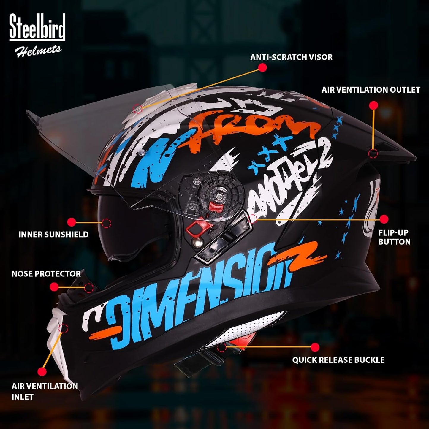 Steelbird SBH-57 Fighter F10 Graphic Helmet ISI and DOT Certified Full Face Helmet for Men with Inner Silver Sun Shield (Glossy Black Blue Orange)