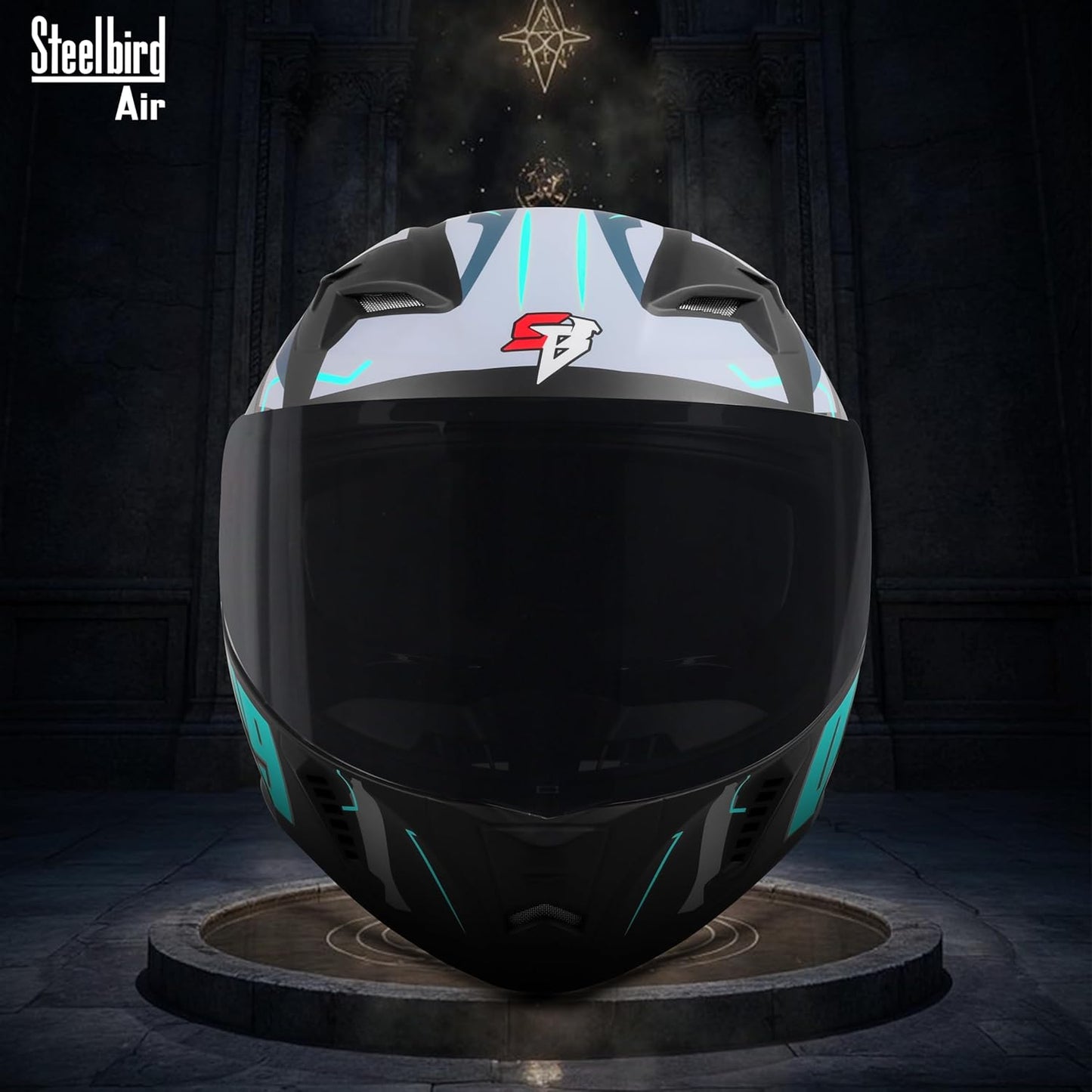 Steelbird SBA-20 07 ISI Certified Flip-Up Graphic Helmet for Men with Inner Chrome Sun Shield (Glossy Black Cyan Green)