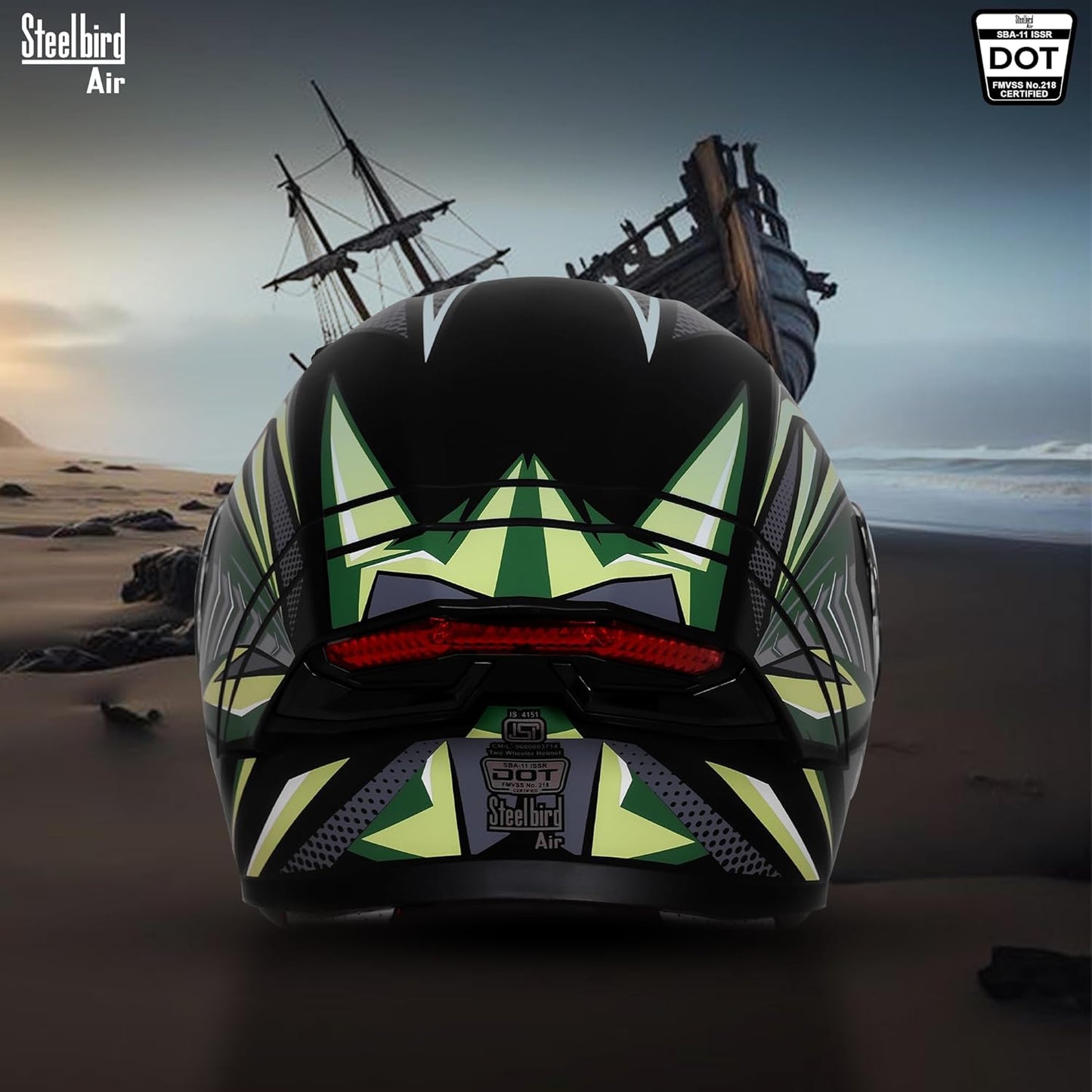 Steelbird SBA-11 Tornado Red Reflector ISI and DOT Certified Full Face Helmet for Men and Women with Inner Silver Sun Shield (Glossy Black Battle Green with Smoke Visor)