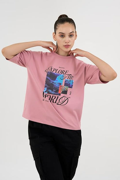 DCYPHR Discovery Women's Explore The World Graphic Tee- Dusk Pink