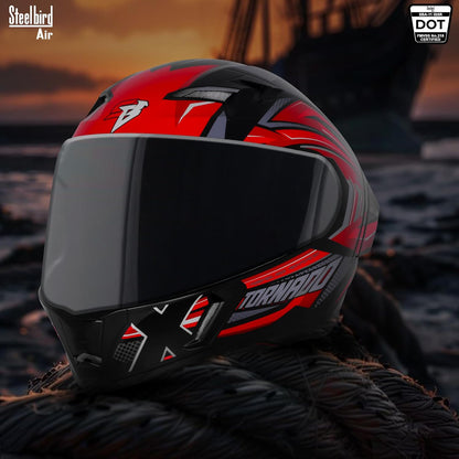 Steelbird SBA-11 Tornado Red Reflector ISI and DOT Certified Full Face Helmet for Men and Women with Inner Silver Sun Shield (Glossy Black Red with Smoke Visor)