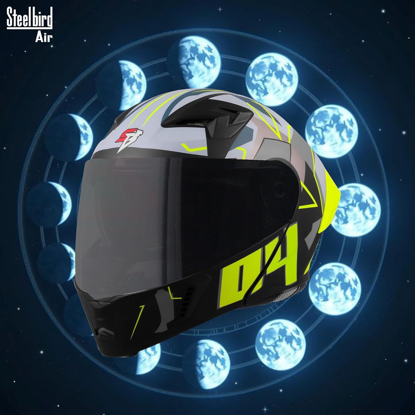 Steelbird SBA-20 04 ISI Certified Flip-Up Graphic Helmet for Men with Inner Chrome Sun Shield (Glossy Black Neon)