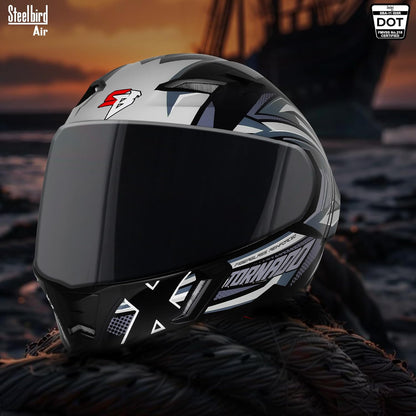 Steelbird SBA-11 Tornado Red Reflector ISI and DOT Certified Full Face Helmet for Men and Women with Inner Silver Sun Shield (Glossy Black Grey with Smoke Visor)