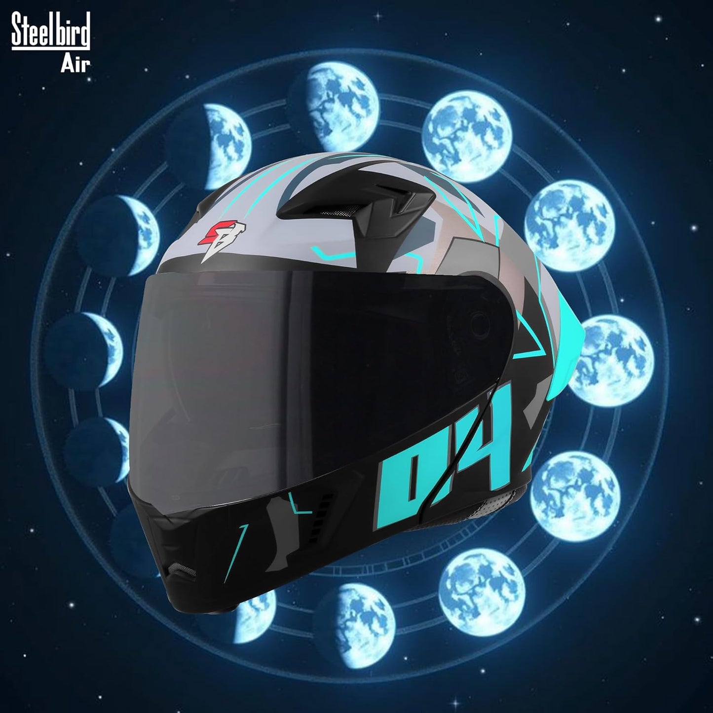Steelbird SBA-20 04 ISI Certified Flip-Up Graphic Helmet for Men with Inner Chrome Sun Shield (Glossy Black Cyan Green)