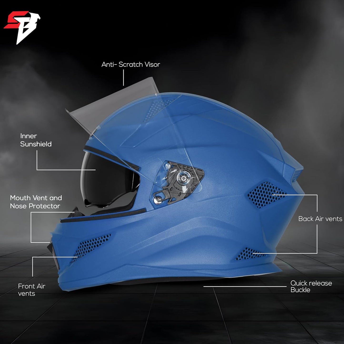 Steelbird SBH-25 Rudra ISI Certified Full Face Helmet for Men and Women with Inner Smoke Sun Shield (Dashing Blue)