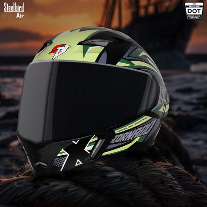 Steelbird SBA-11 Tornado Red Reflector ISI and DOT Certified Full Face Helmet for Men and Women with Inner Silver Sun Shield (Glossy Black Battle Green with Smoke Visor)