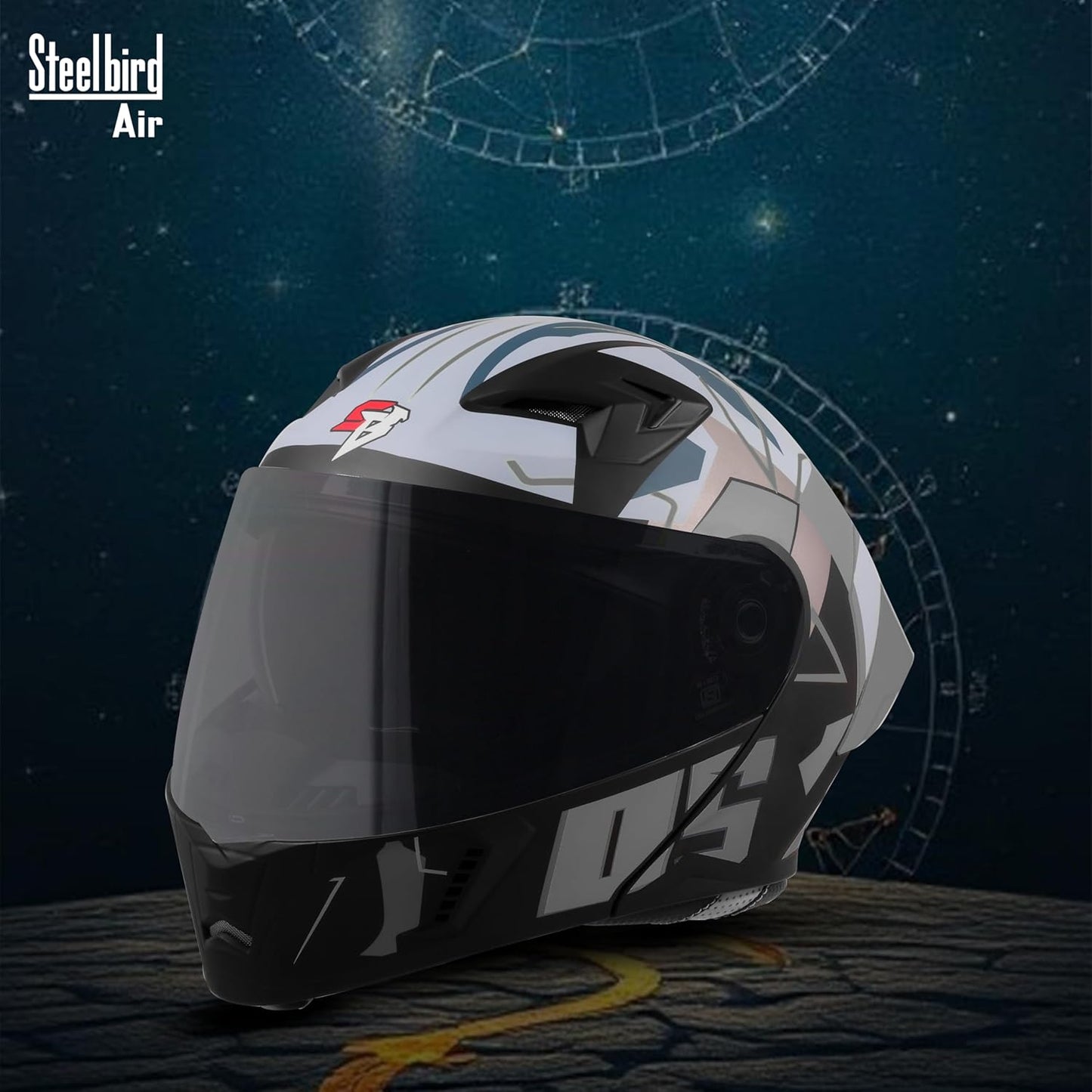 Steelbird SBA-20 05 ISI Certified Flip-Up Graphic Helmet for Men with Inner Chrome Sun Shield (Glossy Black Grey)
