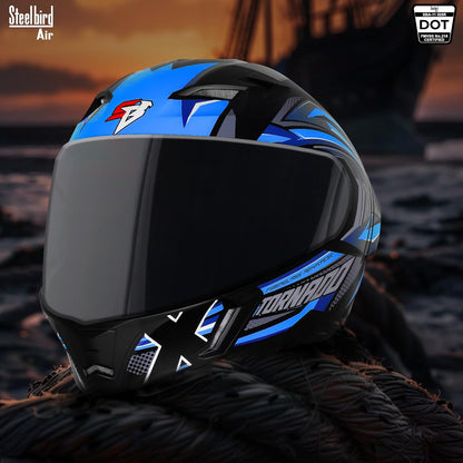Steelbird SBA-11 Tornado Grey Reflector ISI and DOT Certified Full Face Helmet for Men and Women with Inner Silver Sun Shield (Glossy Black Blue with Smoke Visor)
