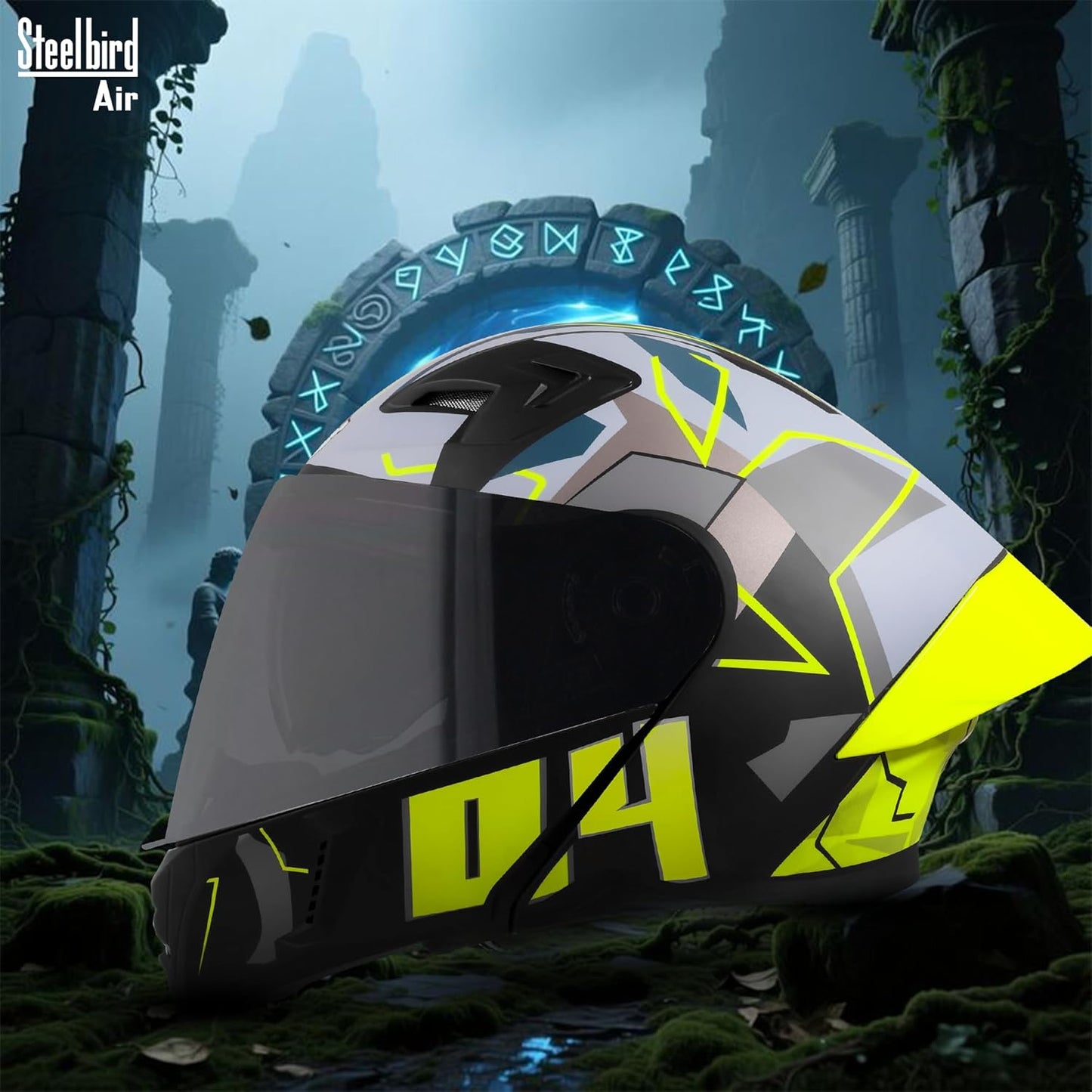 Steelbird SBA-20 04 ISI Certified Flip-Up Graphic Helmet for Men with Inner Chrome Sun Shield (Glossy Black Neon)