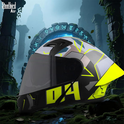 Steelbird SBA-20 04 ISI Certified Flip-Up Graphic Helmet for Men with Inner Chrome Sun Shield (Glossy Black Neon)