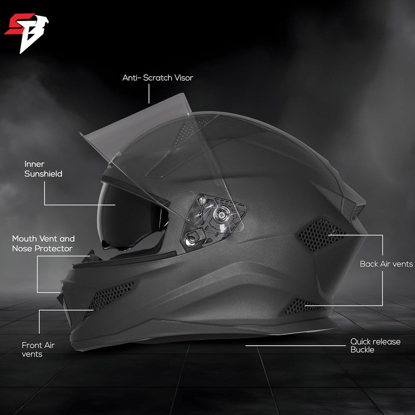 Steelbird SBH-25 Rudra ISI Certified Full Face Helmet for Men and Women with Inner Smoke Sun Shield (Dashing Black)