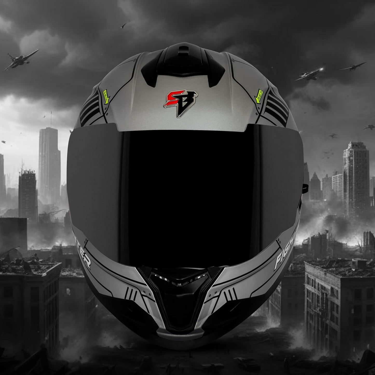 Steelbird SBH-57 Fighter F6 ISI and DOT Certified Full Face Helmet for Men and Women with Inner Silver Sun Shield (Glossy Grey Black)