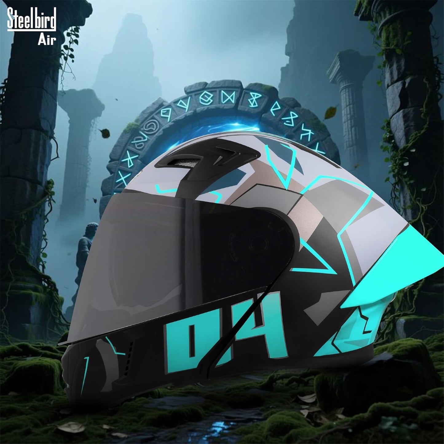 Steelbird SBA-20 04 ISI Certified Flip-Up Graphic Helmet for Men with Inner Chrome Sun Shield (Glossy Black Cyan Green)