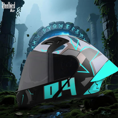 Steelbird SBA-20 04 ISI Certified Flip-Up Graphic Helmet for Men with Inner Chrome Sun Shield (Glossy Black Cyan Green)